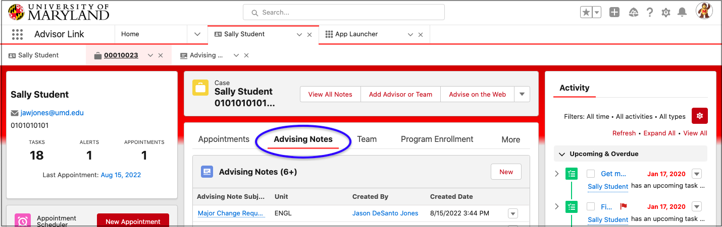 Advising Notes tab