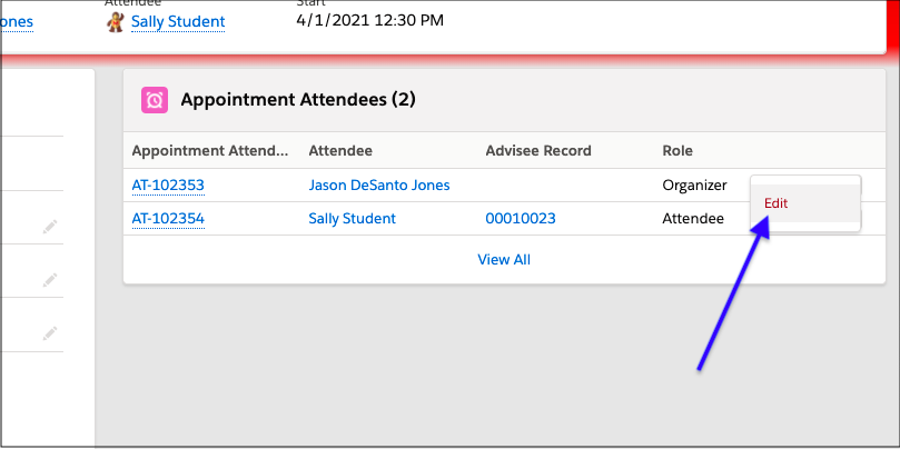 Edit button with appointment attendees